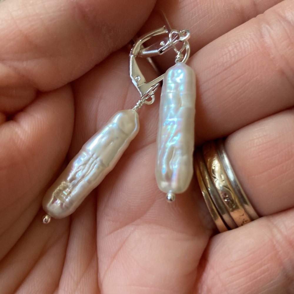 Genuine Cultured Freshwater White Stick Pearl Earrings Sterling